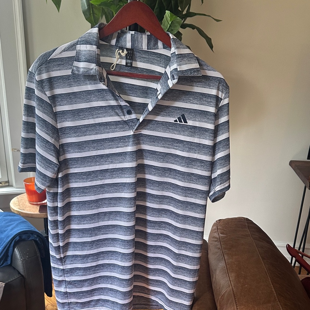 Adidas Navy and White Striped Shirt
